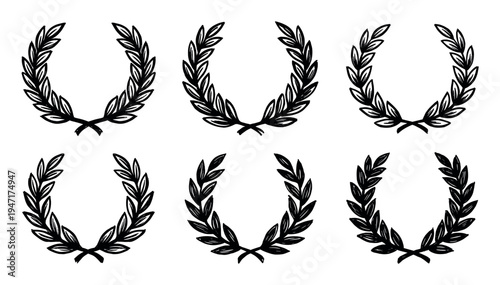 Six hand-drawn laurel wreaths are arranged in two rows, symbolizing victory, honor, and achievement in a classic style.