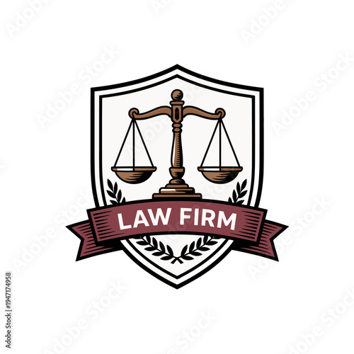 A classic emblem for a law firm featuring a balance scale within a shield design, with a banner displaying 'LAW FIRM' and laurel accents.