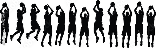 Basketball player silhouettes performing jump shot actions, athlete shooting ball in different poses isolated vector collection for sports design and competition concept