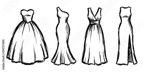 Set of four elegant hand-drawn women's dresses in various styles, including ball gown, mermaid, A-line, and sheath designs.