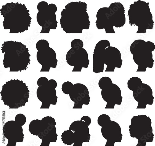 Diverse silhouettes of various hairstyles in black and white contrast