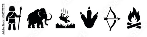 Collection of prehistoric era icons including a caveman, mammoth, trap, footprint, bow, and campfire.