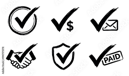 Collection of hand-drawn brush stroke checkmark icons, featuring symbols like dollar, envelope, handshake, shield, and paid stamp, representing approval and completion.