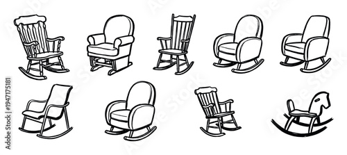 Collection of hand-drawn rocking chairs in various styles, including a child's rocking horse, illustrating comfort and vintage furniture.