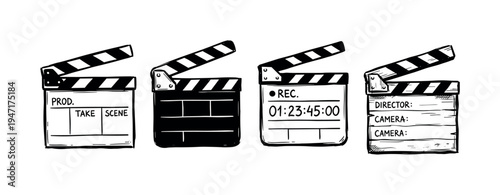 Four hand-drawn film clapperboards in various styles, depicting production, scene, digital timecode, and director information for movie making.