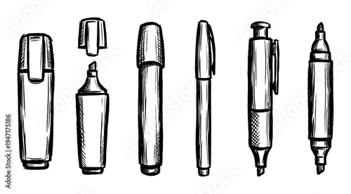 Diverse collection of hand-drawn pens and markers, showcasing various writing and drawing instruments in a sketch-like artistic style.