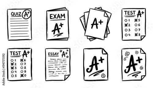 Collection of hand-drawn school papers, including quizzes, exams, and essays, all marked with an A+ grade, representing academic success and high achievement.