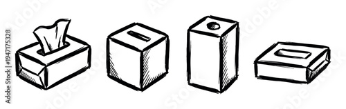Hand-drawn sketch illustrations of various tissue boxes, including one with tissues emerging and empty containers.