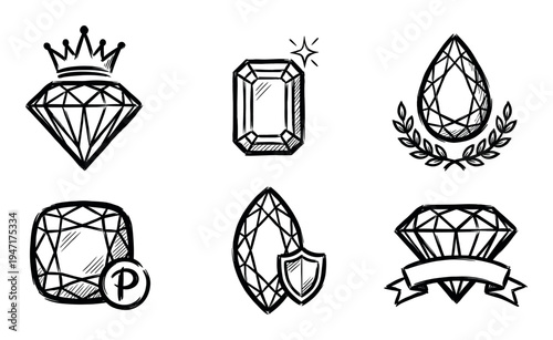 Hand-drawn sketch icons of various diamonds and gemstones with decorative elements like a crown, shield, and ribbon.