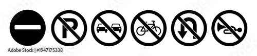 Set of black and white prohibition road signs, including no entry, no parking, no cars, no bicycles, no U-turn, and no horn.