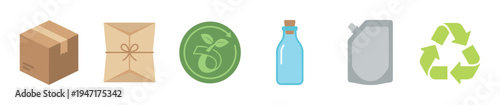 Set of eco-friendly packaging and recycling icons, featuring a cardboard box, paper parcel, green recycling symbol, glass bottle, and flexible pouch.