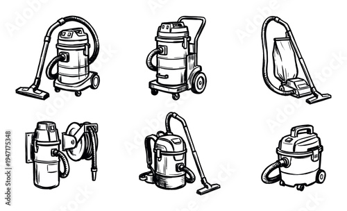 Collection of hand-drawn vacuum cleaners in various styles, including industrial, upright, and backpack models, illustrating different cleaning equipment.