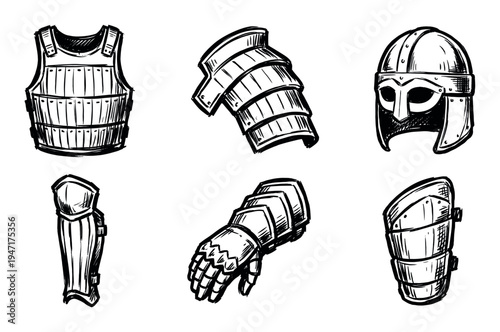 Collection of hand-drawn medieval armor pieces, including a helmet, breastplate, gauntlet, and leg guards.
