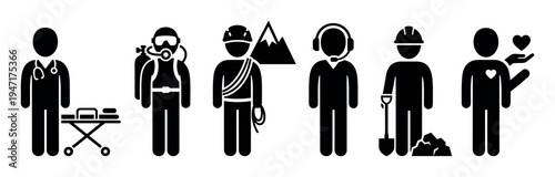 Collection of black silhouette icons depicting essential workers and various professional occupations in service roles.