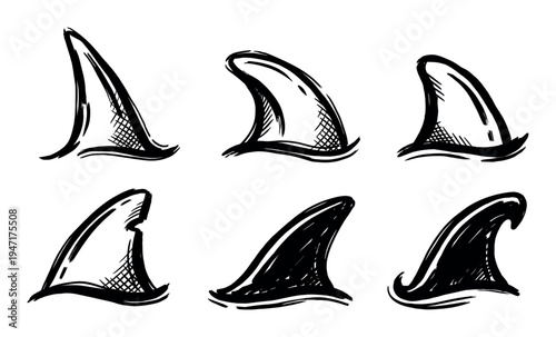 Collection of hand-drawn shark fin illustrations in various brush stroke styles, some outlined and some solid.