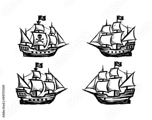 Four hand-drawn illustrations of classic pirate ships with full sails and skull and crossbones flags, depicted in a vintage sketch style.