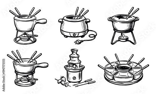 Collection of hand-drawn fondue pots and a chocolate fountain with skewers, illustrating different types of melting and serving equipment.