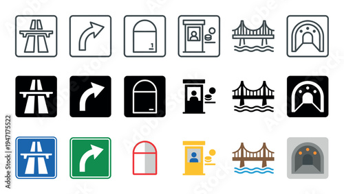 Collection of road and travel related icons in various styles including highway, turn, toll booth, bridge, and tunnel.