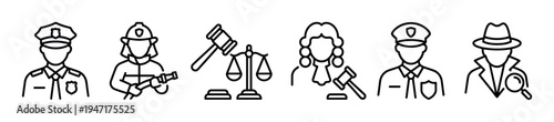 Collection of line art icons depicting various public service and legal professions, including police officers, a firefighter, a judge, and a detective.