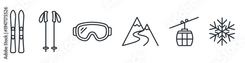Set of outline icons representing various ski and winter sport activities and equipment like skis, poles, goggles, and a ski lift.