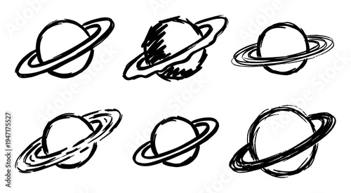 Six hand-drawn sketchy illustrations of ringed planets, depicting cosmic bodies with a unique artistic style.