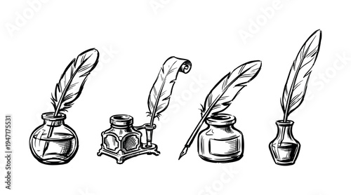 Four hand-drawn quill pens with inkwells are depicted in a vintage sketch style, representing classic writing tools.