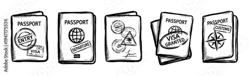 Various hand-drawn passport illustrations feature different travel stamps, visas, and entry or departure markings.