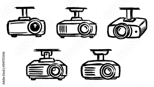 Collection of hand-drawn sketch icons depicting various ceiling-mounted video projectors for presentations and media display.