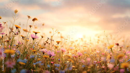 Fields of Sunlight: Witness a vibrant meadow awash in the warm glow of the sun, where delicate wildflowers sway gently in the breeze. A celebration of nature's beauty and serenity.