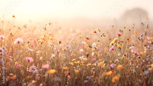 Field of Wildflowers in the Sunlight: A close-up shot of a field filled with a myriad of wildflowers, bathed in the soft glow of golden sunlight. A celebration of natural beauty.
