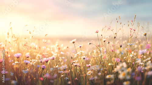 Sun-Kissed Meadow of Blossoms: A vibrant field of wildflowers, bathed in golden sunlight, dances gently in the breeze. An enchanting scene of nature's beauty and serenity.