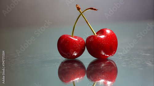 Cherry Duet: Two glossy, vibrant cherries, each with a slender stem, rest in delicate balance against a softly reflective surface.