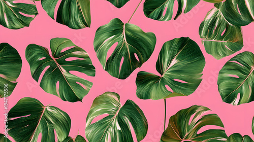 Monstera Leaves Pattern: A vivid tropical pattern featuring lush, green monstera leaves against a vibrant background, evoking the essence of a tropical paradise.