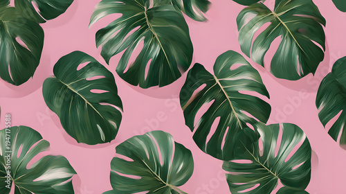 Tropical Monstera Leaves Pattern: a vibrant and exotic pattern of lush, green Monstera leaves artfully arranged against a striking, cheerful backdrop.