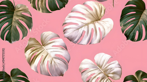 Botanical Beauty on Pink Canvas: A captivating pattern of monstera leaves gracefully adorns a vibrant pink backdrop. The lush foliage, with its characteristic splits and holes.