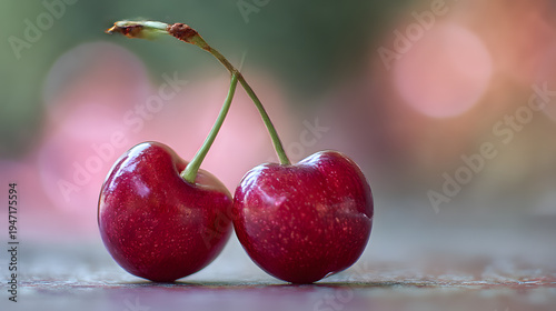 Sweet Cherry Duet: Two vibrant red cherries connected at the stem, poised in a tender embrace against a softly blurred backdrop, evocative of freshness and natural sweetness.