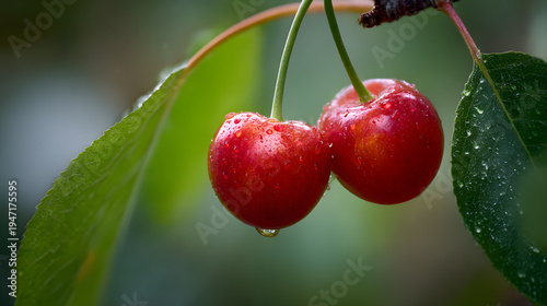 Juicy Duo: Two ripe cherries, glistening with droplets, hang from a verdant branch, celebrating the essence of nature's delights.