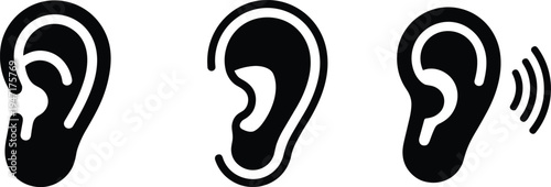 Three black ear icons showing hearing and sound waves listen audio