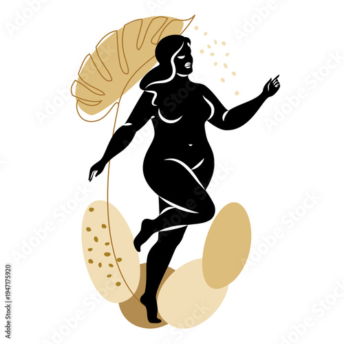Silhouette of a slender naked woman and plant leaves. The girl is standing, she is overweight. The lady is full of beauty and sexuality. Vector illustration.