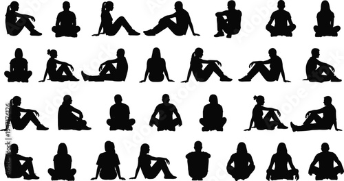 Collection of diverse sitting people silhouettes in different poses, men and women seated positions, black human figure set isolated for design use