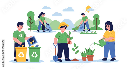 Community volunteers collaborate on environmental protection recycling waste, planting trees, and nurturing gardens to foster a sustainable and greener future for all vector design.