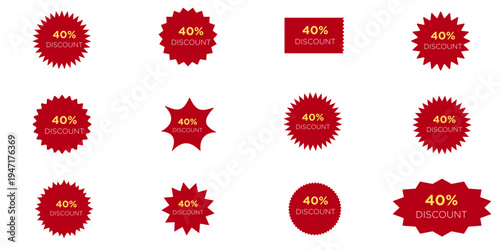 Vector Set of Red Sale Stickers and Discount Badges Isolated on White – Marketing Promo Labels with 40% Off Offer, Special Retail Deal, Shopping Clearance Tags and Starburst Pricing Graphic Elements