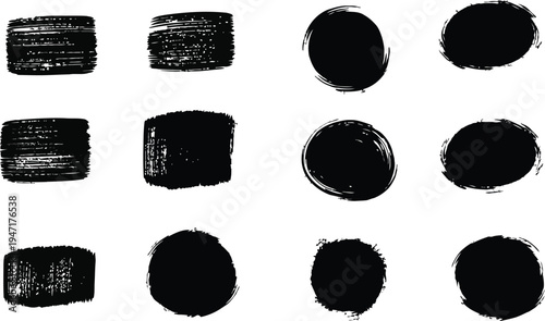 A collection of 12 black ink brush strokes on a white background