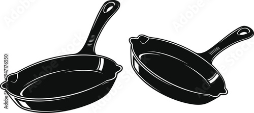 Cast iron skillet pan silhouettes set isolated vector illustration classic frying pans kitchen cookware equipment for cooking restaurant menu design elements