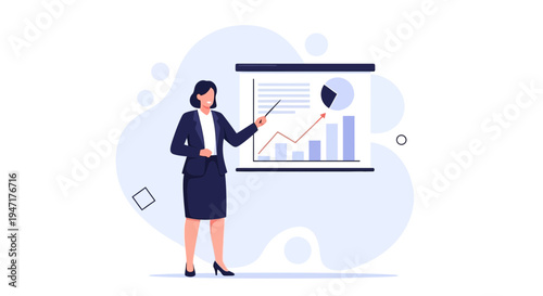 Businesswoman presenting financial growth chart on a whiteboard in a modern office