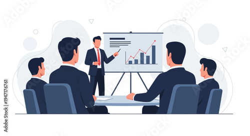 Business meeting with presentation, graph on whiteboard, team discussion, strategy planning