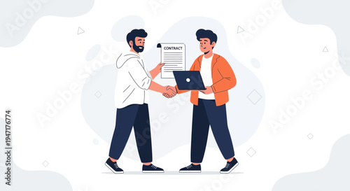 Business partners shaking hands over contract with laptop, agreement concept