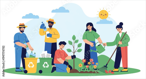 Community planting and recycling for a sustainable future, illustration of people working together to improve the environment vector design