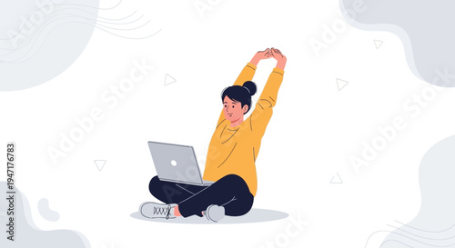 Woman stretching with laptop, remote work, home office, comfortable workspace, healthy lifestyle