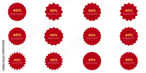 Set of 40% Discount Red Sale Tags and Promotional Stickers Isolated on White – Minimalist Marketing 